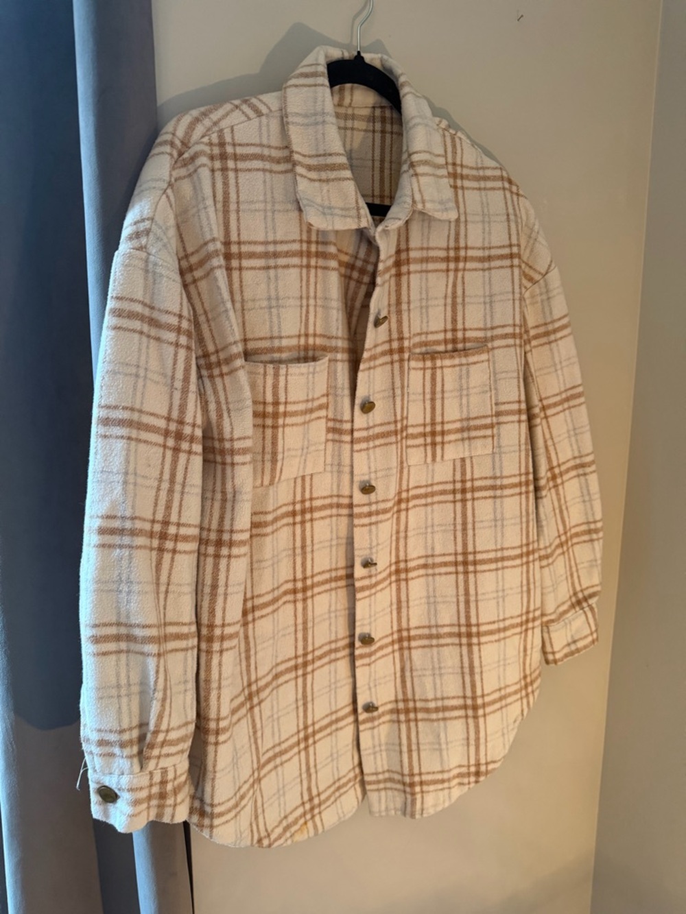 Cozy Plaid Shacket Jacket Cream Brown Oversized Button Front Size L